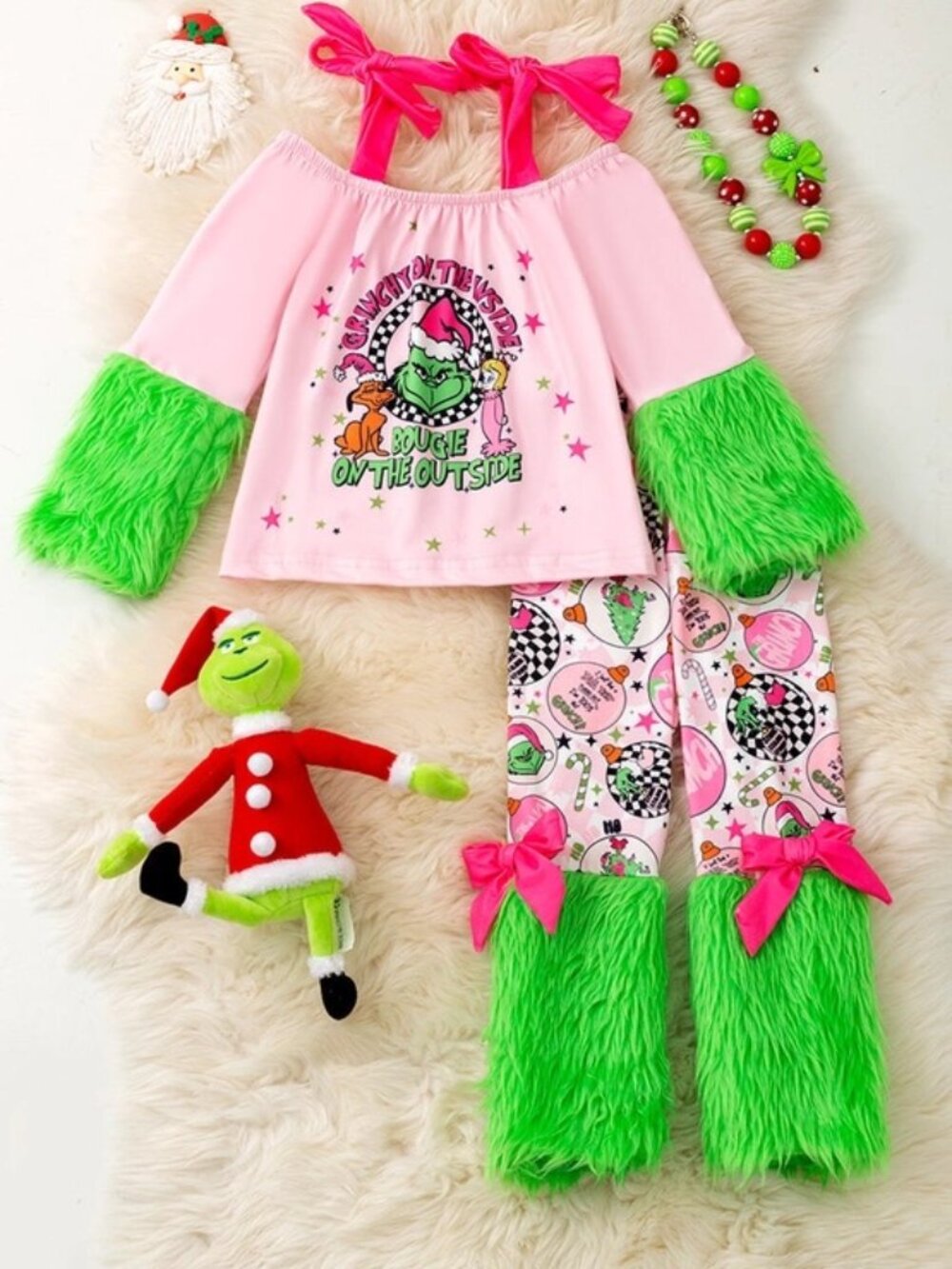 Christmas Grinch 2 Piece Set On Pink with Green Fur